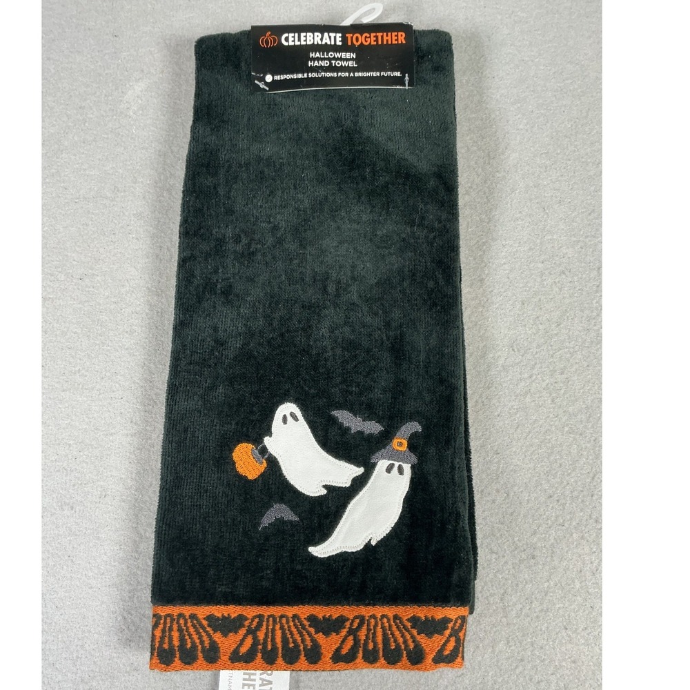 Celebrate Together Halloween Ghost Hand Towels Black Orange 16x25 Set of 3 NWT